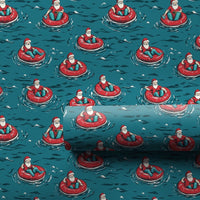 Humorous Tropical Christmas Gift Wrap, Floating Santa Inner Tube Wrapping Paper, Summer Beach Santa Wrapping Paper, Teal Holiday Wrapping Paper