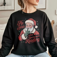 Humorous Bookish Santa Crewneck, He Sees What You've Been Reading Sweatshirt, Smut Reader Christmas Sweater, Booktok Romantasy Present