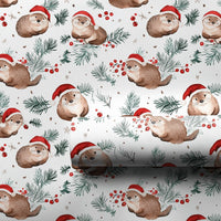 Santa Hat Otter Holiday Gift Wrap, Christmas Otter Wrapping Paper, Adorable Watercolor Otter Present Wrap, Winter Pine Animal Wrapping Paper