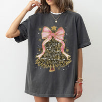 Pink Coquette Bow Holiday Tee, Camo Christmas Tree T-Shirt, Camouflage Christmas Shirt, Adorable Aesthetic Graphic Tee, Xmas Present for Her
