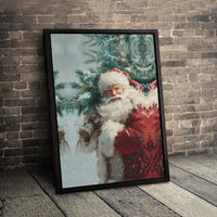 Snowy Christmas Tree Canvas Print, Vintage Santa Claus Canvas Wall Art, Retro Santa Wall Decor, Holiday Canvas, Christmas Present