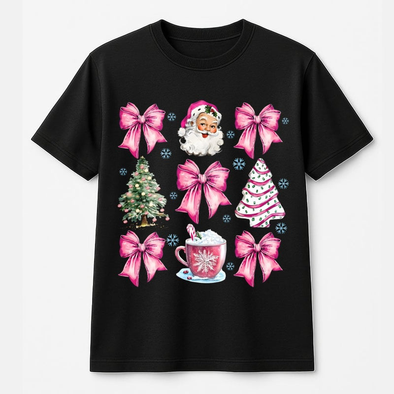 Aesthetic Bow Coquette Xmas Shirt, Pink Santa Christmas T-Shirt, Adorable Girly Holiday Graphic Tee, Retro Pastel Santa Top, Winter Present