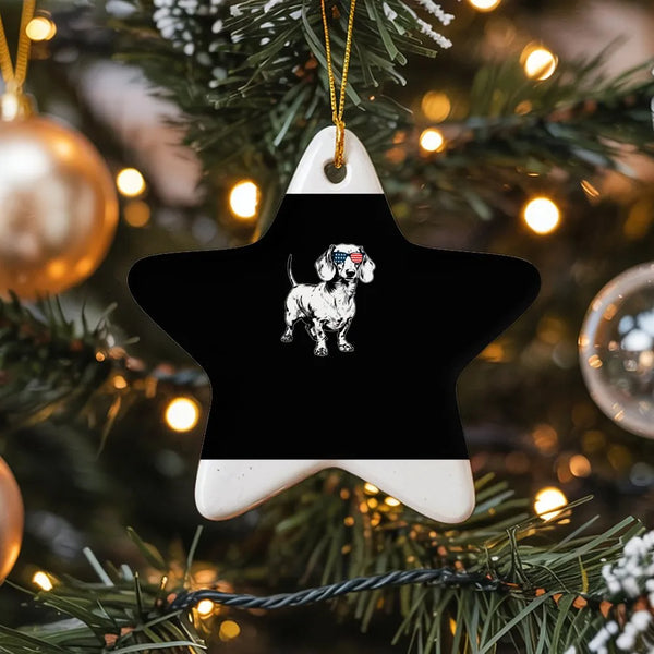 Star Ceramic Dog Ornament, Patriotic Dachshund Christmas Ornament, American Flag Dog Keepsake, Weiner Dog Holiday Decor, Pres
