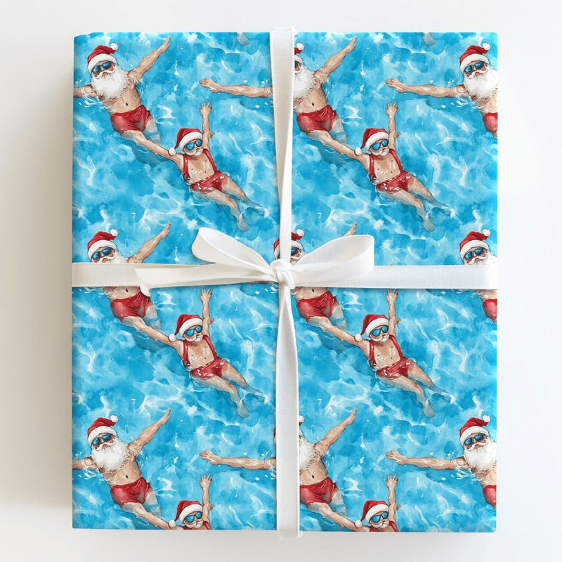 Humorous Pool Santa Claus Gift Wrap, Swimming Santa Wrapping Paper, Tropical Holiday Wrapping Paper, Christmas in July Gift Wrap Roll