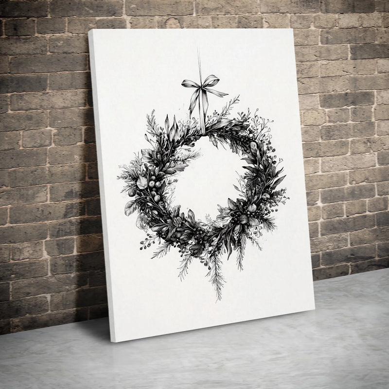 Botanical Line Sketch Canvas Print, Christmas Wreath Canvas Wall Art, Minimalist Holiday Canvas, Winter Wreath Wall Decor, Xmas Home Present