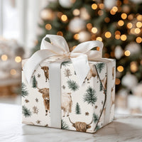 Rustic Winter Calf Gift Wrap, Highland Cow Christmas Wrapping Paper, Farmhouse Pine Tree Wrapping Paper, Watercolor Cow Holiday Gift Wrap