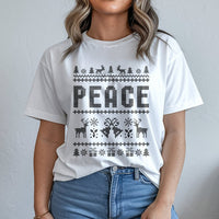 Knitted Sweater Style Xmas T-Shirt, Peace Ugly Christmas Shirt, Humorous Holiday Graphic Tee, Festive Matching Shirt, Retro Christmas Tee Present