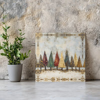 Abstract Christmas Trees Canvas Print, Rustic Gold Leaf Winter Pine Forest Canvas Art, Holiday Landscape Canvas Wall Art, Seasonal Decor