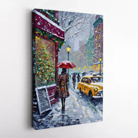 Snowy NYC Taxi Street Scene Canvas Print, New York City Christmas Canvas Wall Art, Holiday City Wall Decor, Winter NYC Canvas Wall Art Print
