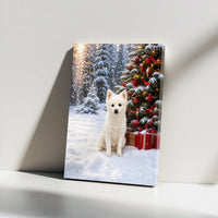 Snowy Winter Scene Puppy Canvas Print, Christmas Spitz Dog Canvas Wall Art, Holiday Tree and Presents Canvas Poster