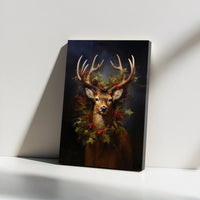 Festive Deer Holly Wreath Canvas Print, Christmas Stag Canvas Wall Art, Rustic Holiday Canvas Art, Winter Deer Wall Decor Present for Home