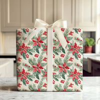 Christmas Pine Botanical Gift Wrap, Watercolor Poinsettia Wrapping Paper, Red Holly Berry Wrapping Paper, Traditional Holiday Wrapping Paper