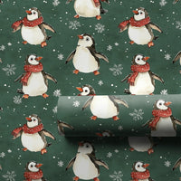 Dark Green Winter Penguin Gift Wrap, Christmas Penguin Wrapping Paper, Adorable Red Scarf Holiday Wrapping Paper, Festive Present Gift Wrap Roll