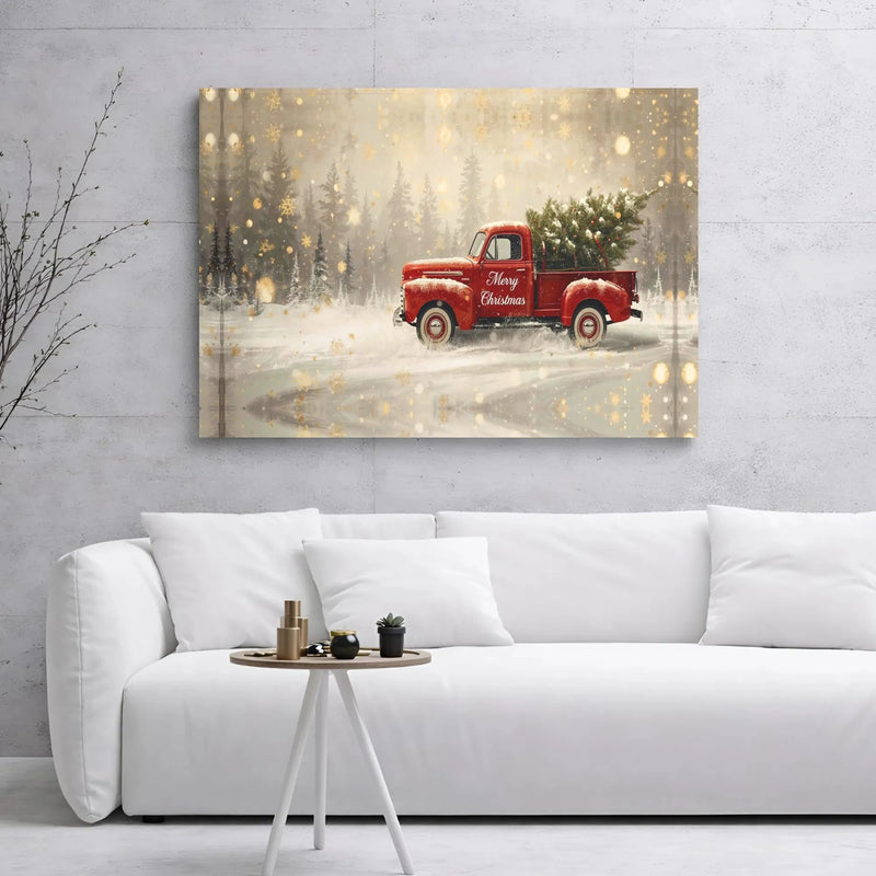 Snowy Winter Forest Tree Canvas Printable, Christmas Red Truck Digital Download, Rustic Farmhouse Xmas Wall Decor, Holiday Art Poster