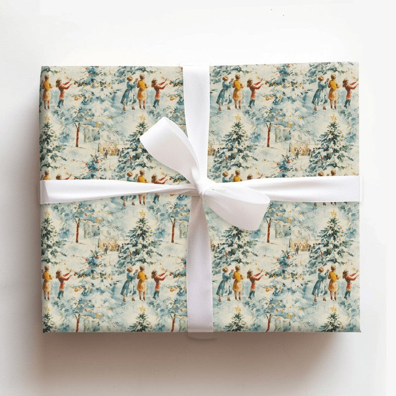 Snowy Town Christmas Wrapping Paper, Vintage Winter Village Wrapping Paper, Watercolor Holiday Gift Wrap, Festive Tree Decorating Gift Wrap