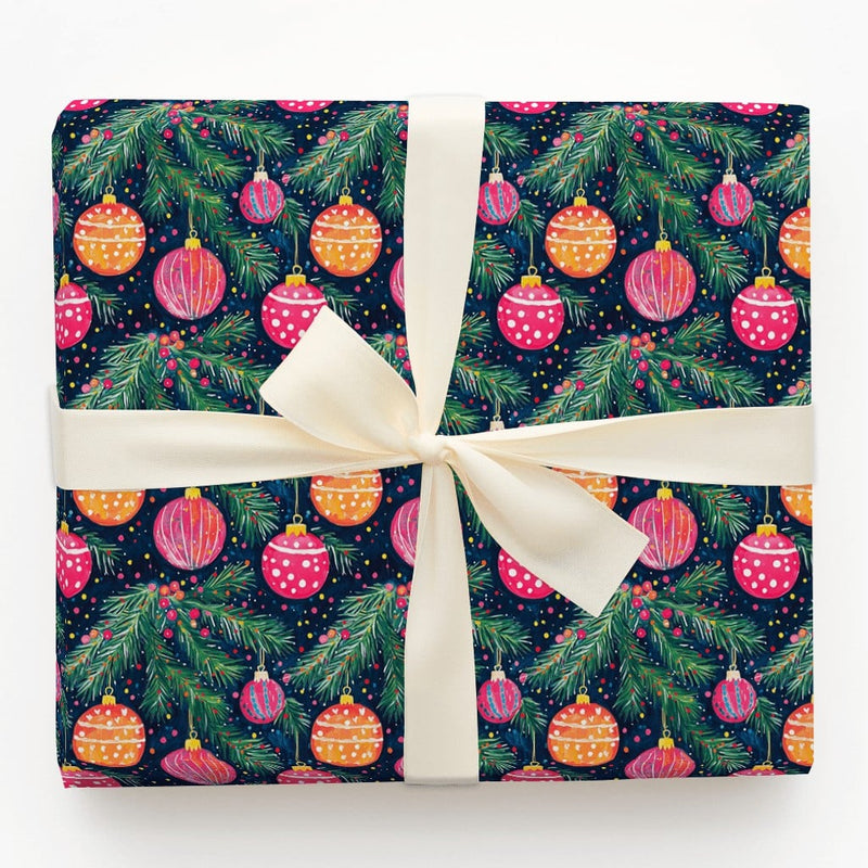 Navy Pine Branch Gift Wrap, Watercolor Ornament Christmas Wrapping Paper, Colorful Bauble Wrapping Paper, Festive Holiday Wrapping Paper