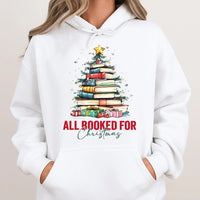 Festive Book Tree Graphic Sweatshirt, All Booked for Christmas Hoodie, Adorable Bookish Holiday Pullover, Librarian Christmas Hoodie