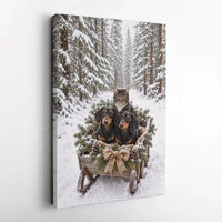 Snowy Forest Dachshund Wall Art, Dachshund Cat Winter Sleigh Canvas, Christmas Pet Canvas Print, Holiday Dog and Cat Wall Decor