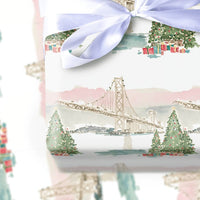 Watercolor Landmark Holiday Gift Wrap, San Francisco Bay Bridge Wrapping Paper, California Christmas Present Wrap, Festive Winter Paper