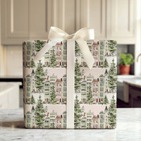 Snowy Houses Gift Wrap, Watercolor Pink Christmas Village Wrapping Paper, Pastel Holiday Wrapping Paper Roll, Adorable Winter Present Wrap