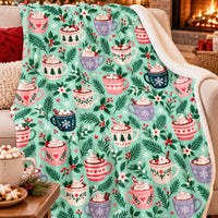Marshmallow Candy Cane Sherpa Throw Blanket, Mint Hot Cocoa Mugs Christmas Blanket, Retro Holiday Cocoa Fleece Blanket, Comfy Winter Present
