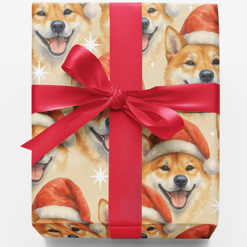 Santa Hat Dog Holiday Gift Wrap, Shiba Inu Christmas Wrapping Paper, Festive Puppy Wrapping Paper, Adorable Dog Lover Christmas Gift Wrap Roll