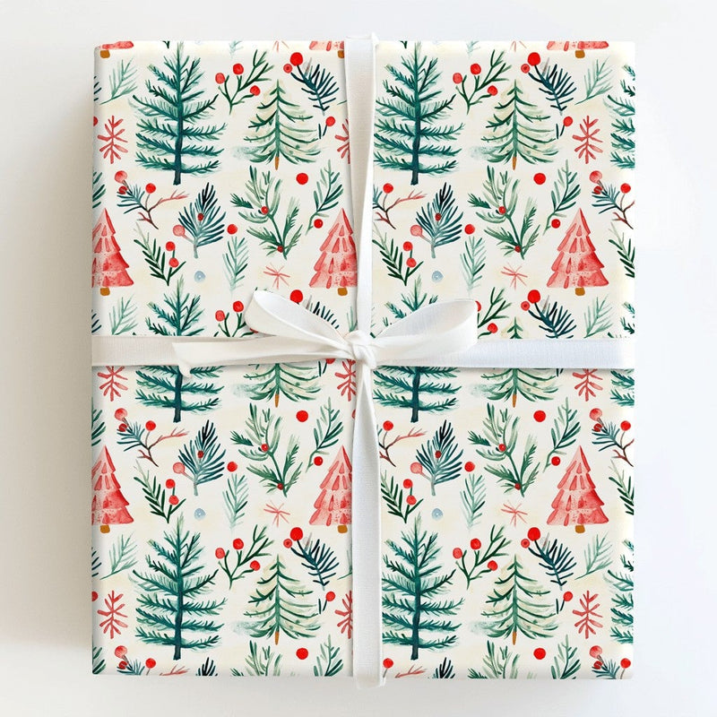 Rustic Winter Forest Gift Wrap, Watercolor Pine Tree Wrapping Paper, Christmas Holly Berry Wrapping Paper, Holiday Present Wrapping Paper