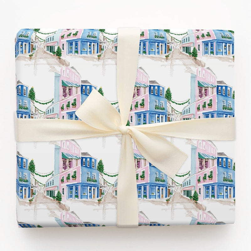 Snowy Winter Street Wrapping Paper, Watercolor Christmas Village Gift Wrap, Festive Village Scene Gift Wrapping Paper, Holiday Present Wrap