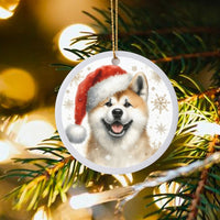 Dog in Santa Hat Ceramic Ornament, Akita Christmas Ornament, Holiday Canine Tree Keepsake, Akita Puppy Lover Xmas Decoration Present
