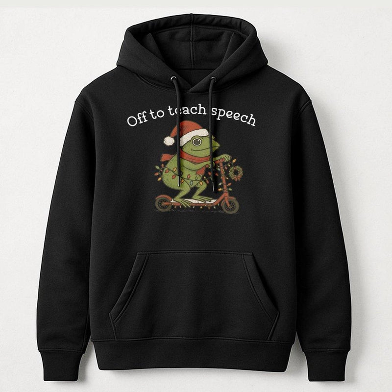 Humorous Frog on Scooter Hoodie, Speech Therapist Christmas Hoodie, Adorable SLP Holiday Sweatshirt, Speech Language Pathologist Pullover Hoodie