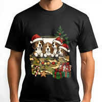 Puppies in Camo Gift Box Shirt, Beagle Christmas T-Shirt, Adorable Dog Lover Graphic Tee, Humorous Holiday Pet T-Shirt, Xmas Dog Lover Present Shirt