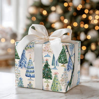 Watercolor Blue White Holiday Gift Wrap, Chinoiserie Christmas Tree Wrapping Paper, Elegant Festive Tree Wrapping Paper, Xmas Gift Wrap