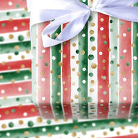Watercolor Red Green Gift Wrap, Striped Christmas Wrapping Paper, Polka Dot Wrapping Paper, Classic Holiday Gift Wrap, Xmas Present Roll