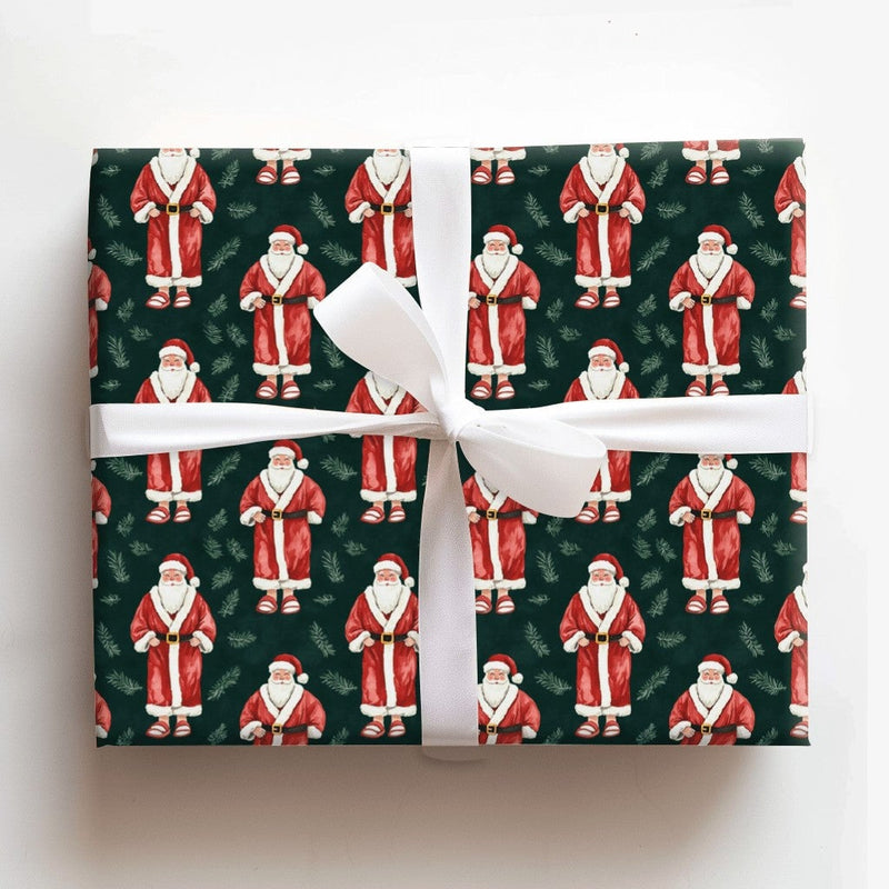 Dark Green Pine Holiday Gift Wrap, Watercolor Santa Claus Wrapping Paper, Vintage Christmas Wrapping Paper, Festive Winter Season Gift Wrap