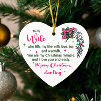 Poinsettia Love Quote Ornament, Wife Heart Christmas Ornament, Ceramic Tree Keepsake, Romantic Holiday Ornament, Thoughtful Present for Her