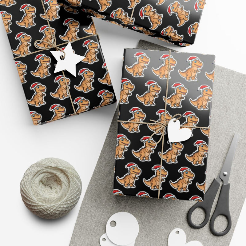 Adorable Dinosaur Santa Hat Gift Wrap, T-Rex Christmas Wrapping Paper, Kids Dino Christmas Wrapping Paper Roll, Holiday Dinosaur Wrapping Paper