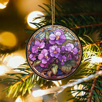 Stained Glass Floral Ornament, Purple Violets Ceramic Ornament, Violet Flower Christmas Ornament, Botanical Tree Decor Keepsake Present