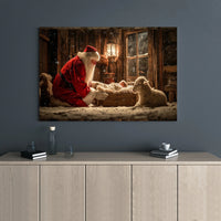 Santa Kneeling Before Baby Jesus Print, Nativity Canvas Wall Art, Religious Christmas Decor, Christian Holiday Present for Home Living Room