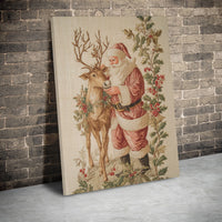 Christmas Holly Wreath Canvas Print, Vintage Santa with Reindeer Canvas Wall Art, Retro Holiday Wall Decor, Winter Xmas Wall Hanging
