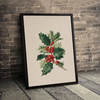 Vintage Botanical Illustration Canvas Print, Holly Berries Canvas Art, Winter Plant Wall Art, Holiday Nature Canvas Decor, Christmas Present