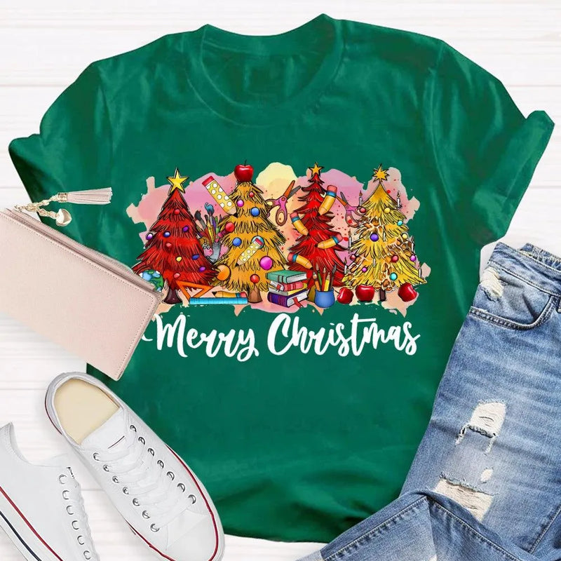 Festive Holiday Tree Graphic Tee, Merry Christmas Colorful Tree T-Shirt, Retro Xmas Tree Shirt, Winter Holiday Apparel, Christmas Tree Present