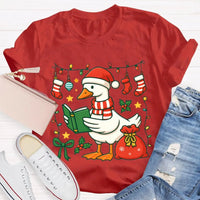 Humorous Holiday Bookworm Goose Shirt, Christmas Goose Reading Book T-Shirt, Adorable Winter Reading Tee, Book Lover Christmas Present T-Shirt