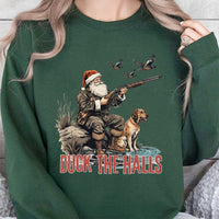 Humorous Hunting Santa Sweater, Duck the Halls Christmas Sweatshirt, Waterfowl Hunter Holiday Crewneck, Duck Hunting Xmas Present