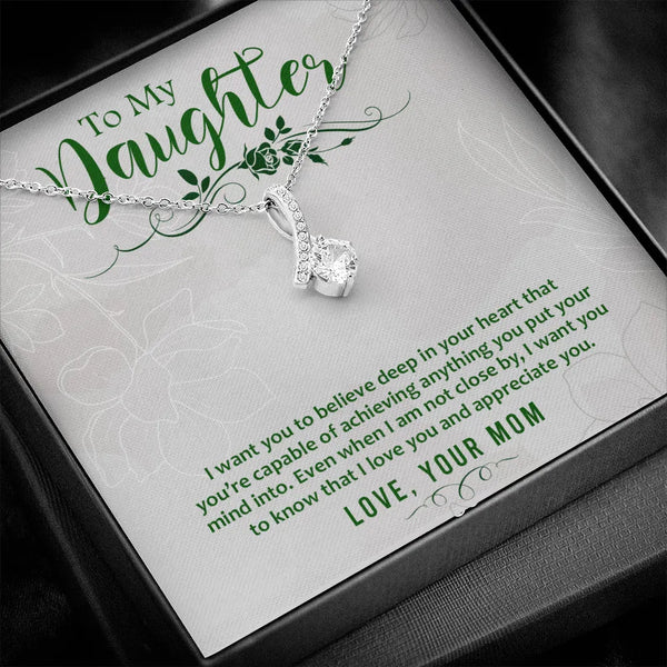 Cubic Zirconia Ribbon Necklace, Daughter Necklace Present from Mom, 14k White Gold Pendant Necklace, Christmas Keepsake Prese