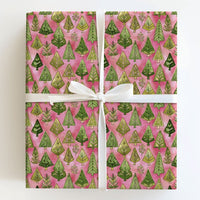 Green Trees Pink Gift Wrap, Watercolor Tree Christmas Wrapping Paper, Whimsical Holiday Tree Wrapping Paper, Festive Winter Wrapping Paper