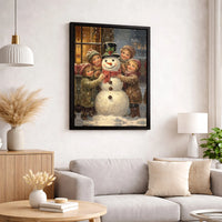 Vintage Christmas Canvas Print, Victorian Children Snowman Canvas Wall Art, Nostalgic Holiday Scene Art Digital Download Printable