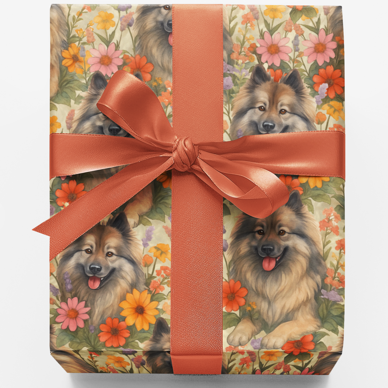 Floral Dog Lover Wrapping Paper, Keeshond Dog Wrapping Paper, Adorable Fluffy Puppy Birthday Gift Wrap, Christmas Dog Present Gift Wrap