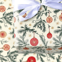 Vintage Pine Branch Gift Wrap, Red Ornament Wrapping Paper, Cream Christmas Snowflake Wrapping Paper, Retro Holiday Present Wrapping Paper
