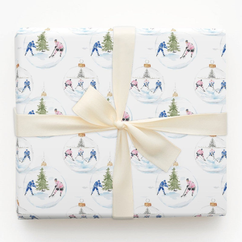 Ice Hockey Christmas Gift Wrap, Hockey Ornament Wrapping Paper, Watercolor Sports Holiday Wrapping Paper, Hockey Fan Gift Wrap Roll