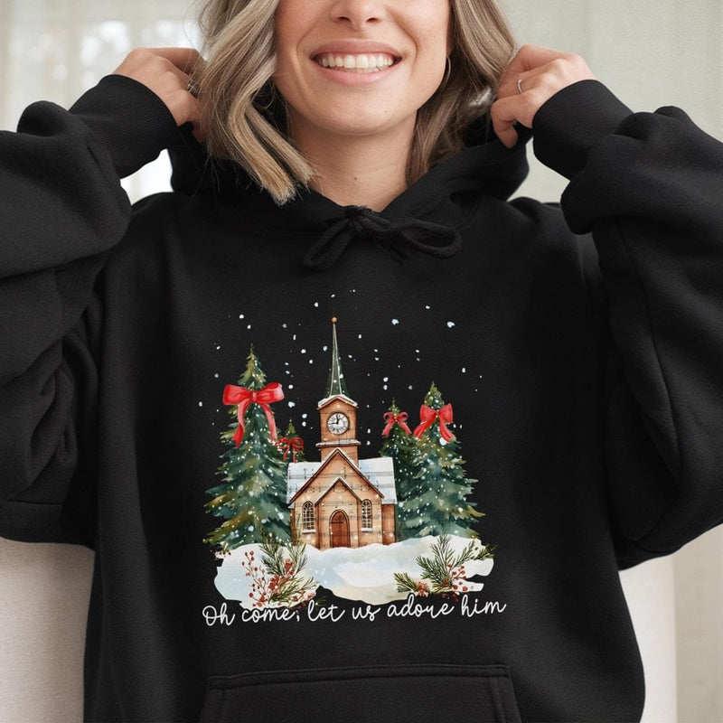 Watercolor Church Christmas Hooded Sweatshirt, Oh Come Let Us Adore Him Hoodie, Christian Holiday Sweater, Religious Faith Christmas Hoodie